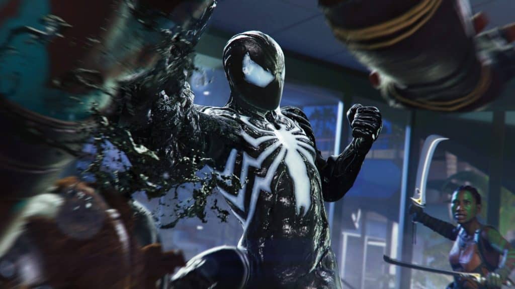 Marvel's Spider-Man 2 Spidey col costume simbiotico combatte contro nemici